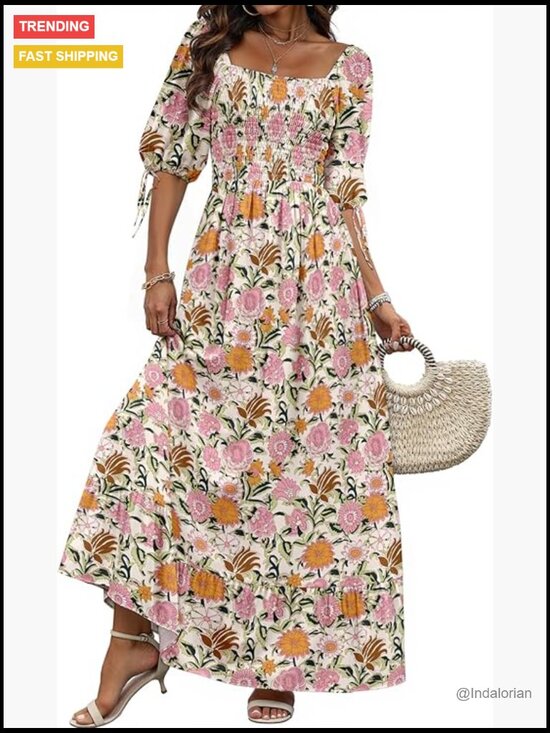 Dresses & Skirts - Puff Sleeve Square Neck Smocked A-Line Maxi Dress with Pockets